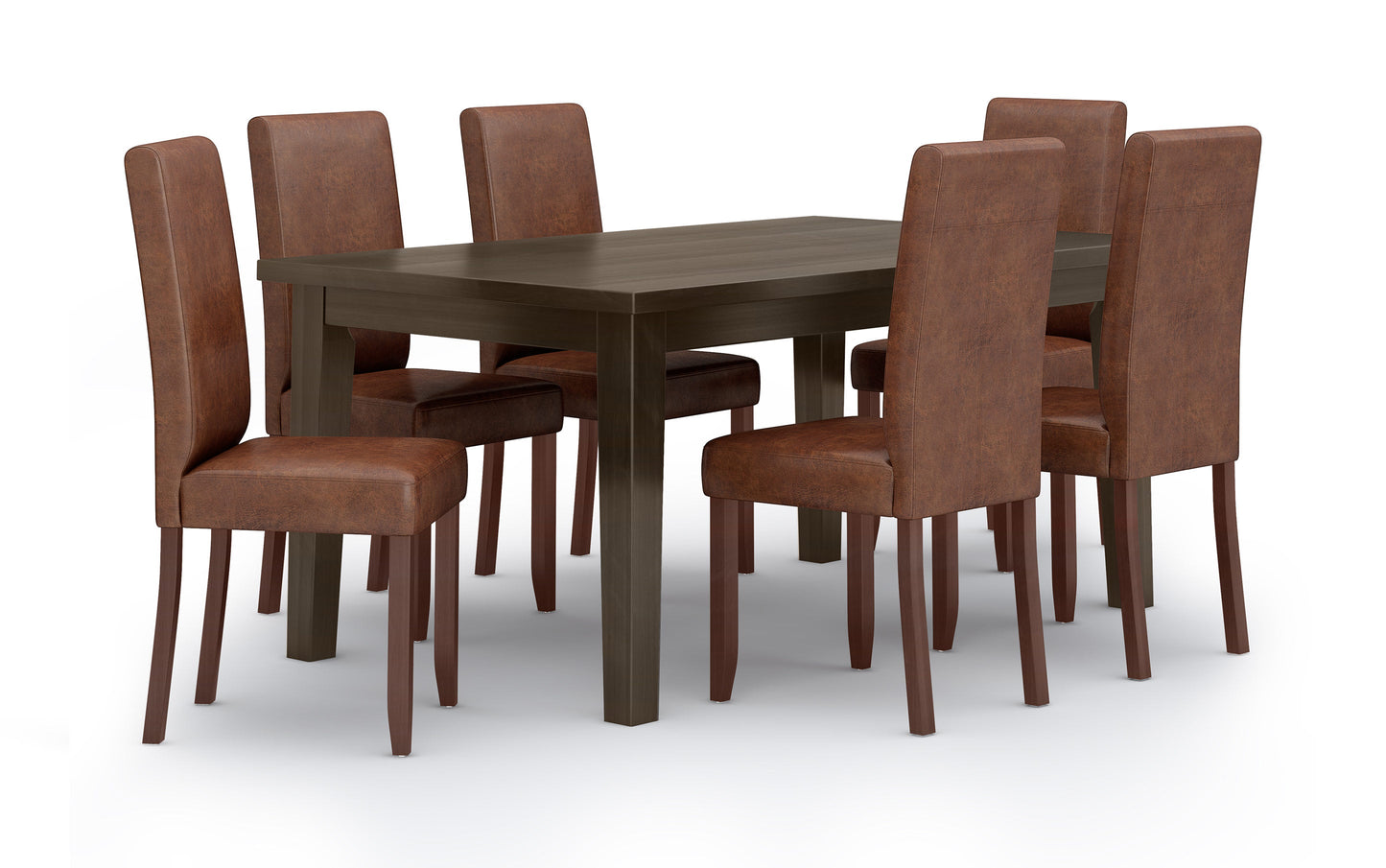 Distressed Saddle Brown Faux Distressed Leather | Acadian 7 Piece Dining Set