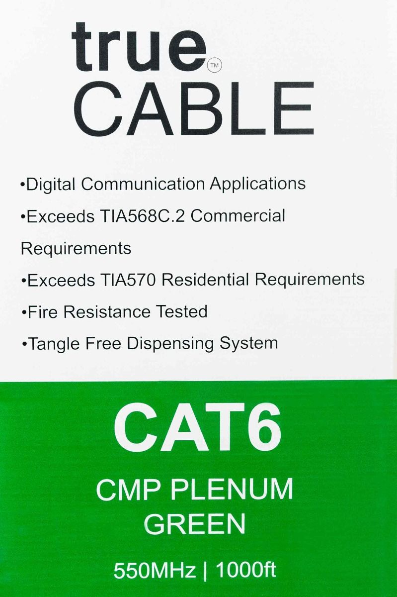 Cat6 Plenum Ethernet Cable, Unshielded, 1000ft, Green